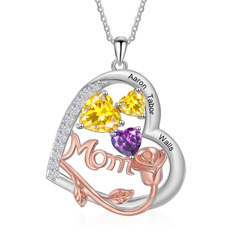 À Maman - Collier Pendentif Cœur et Roses 3 Prénoms Personnalisés avec Pierres de naissance Vente Directe