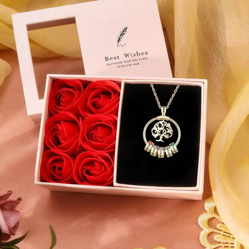 Prix Cassé Collier Pendentif Arbre de vie Arbre généalogique 5 Prénoms Personnalisés avec Pierre de Naissance
