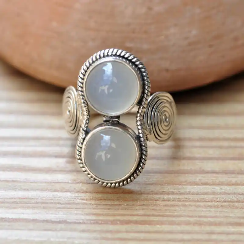 Usine Directe Bague argent spirales 2 pierres rondes en Calcedoine T53\\/54\\/57
