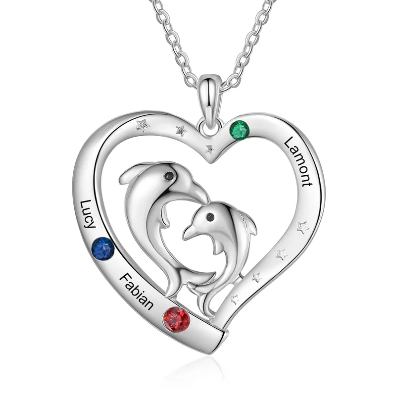 Collier Pendentif Cœur et Dauphin 3 Prénoms Personnalisés avec 3 Pierres de Naissance Remise