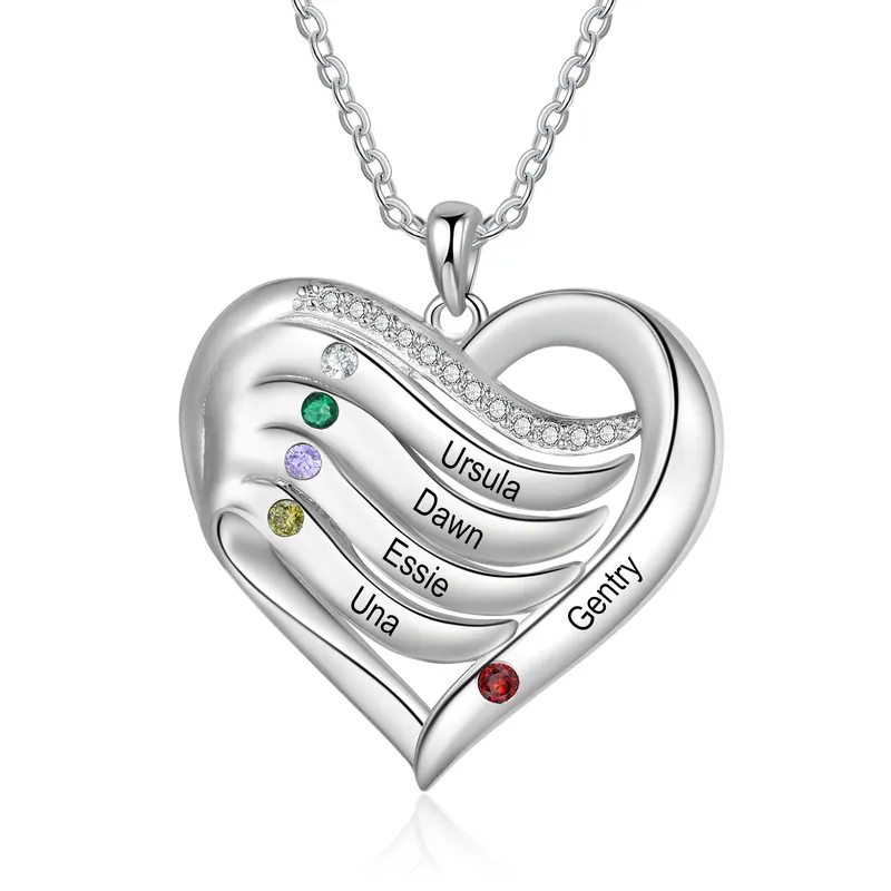 Réduction Collier Pendentif Cœur en Argent 925 5 Prénoms Personnalisés avec 5 Pierres de Naissance