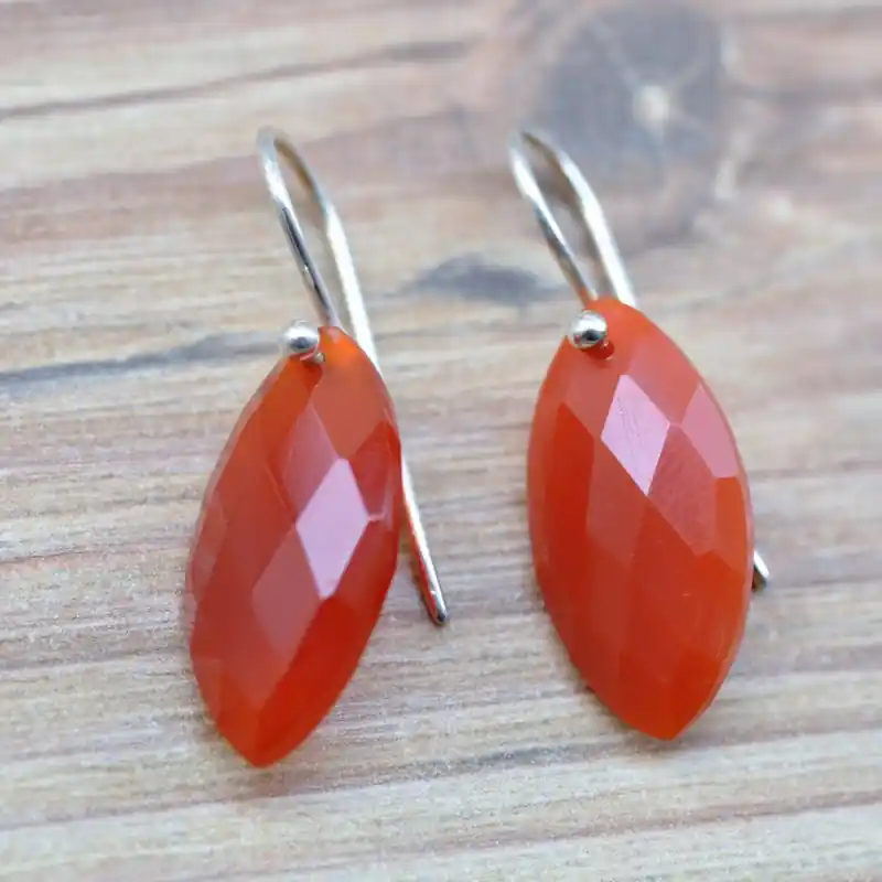 Top Vente Boucles d'oreilles pierre navette facettee en agate cornaline crochet argent (orange)