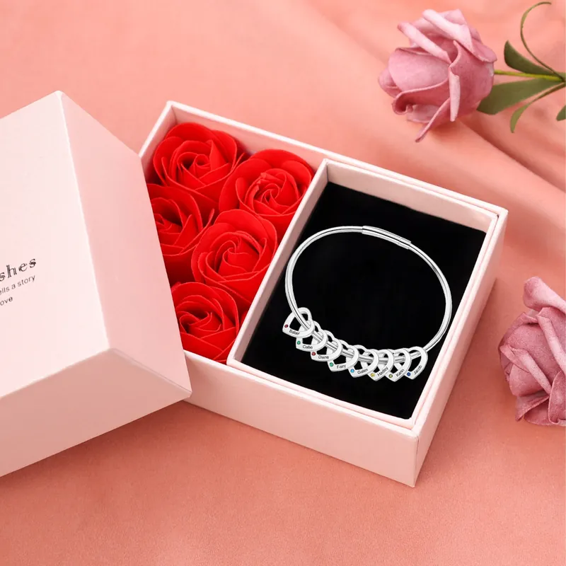 Petit Prix Bracelet Personnalisé 8 Prénoms Pendentifs Coeur avec pierre de naissance Bracelet CoeurAcier inoxydableCadeau pour femme Saint Valentin|Jessemade