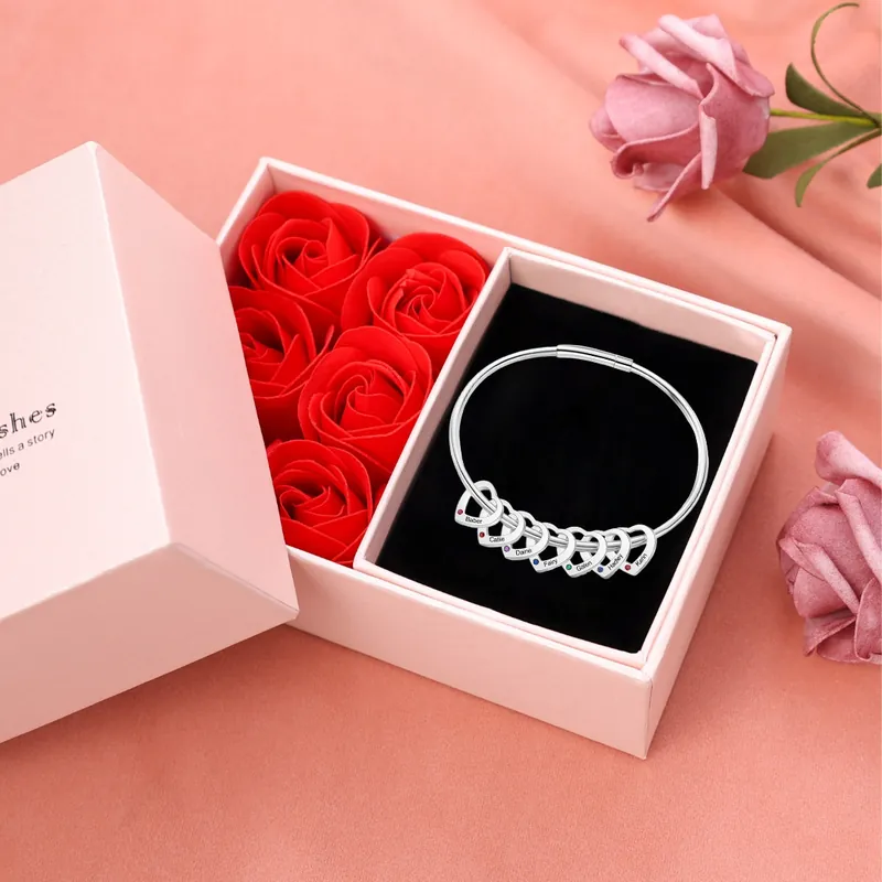 Offre Du Jour Bracelet Personnalisé 7 Prénoms Pendentifs Coeur avec pierre de naissance Bracelet Coeur Acier inoxydableCadeau pour femme Saint Valentin|Jessemade