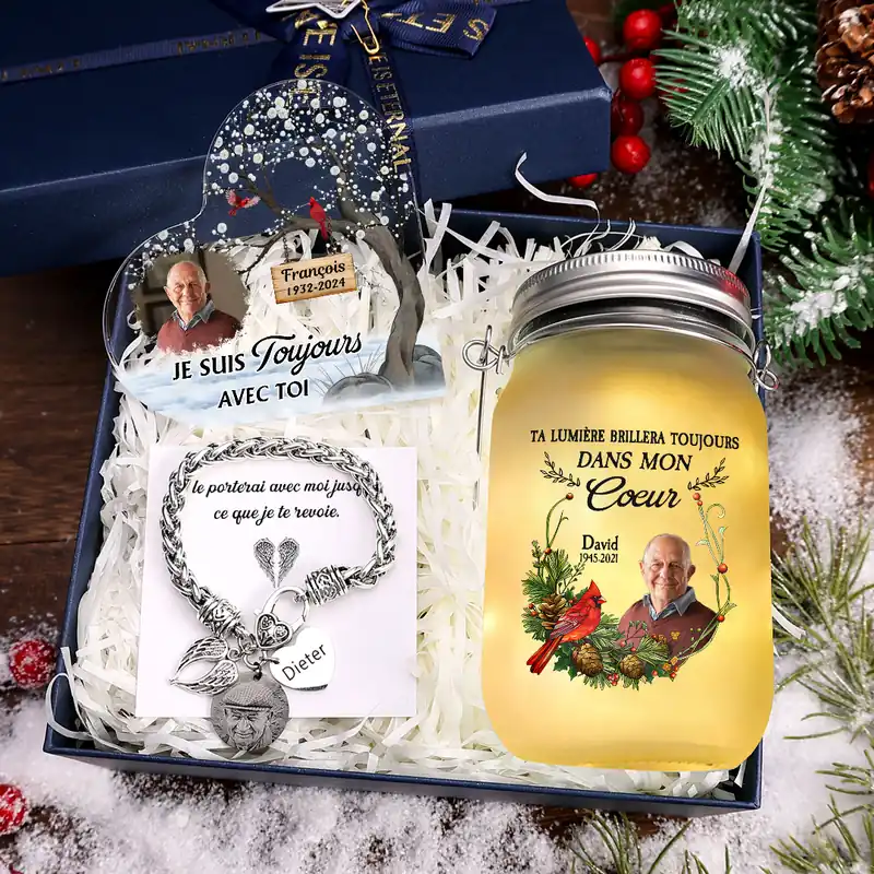 Coffret Cadeau 4PCS Commémoratif - Plaque Acrylique et Bouteille avec Bracelet Prénom Personnalisé avec Photo et Date Cadeau avec Carte et Coffret | Jessemade Nouvel Arrivage