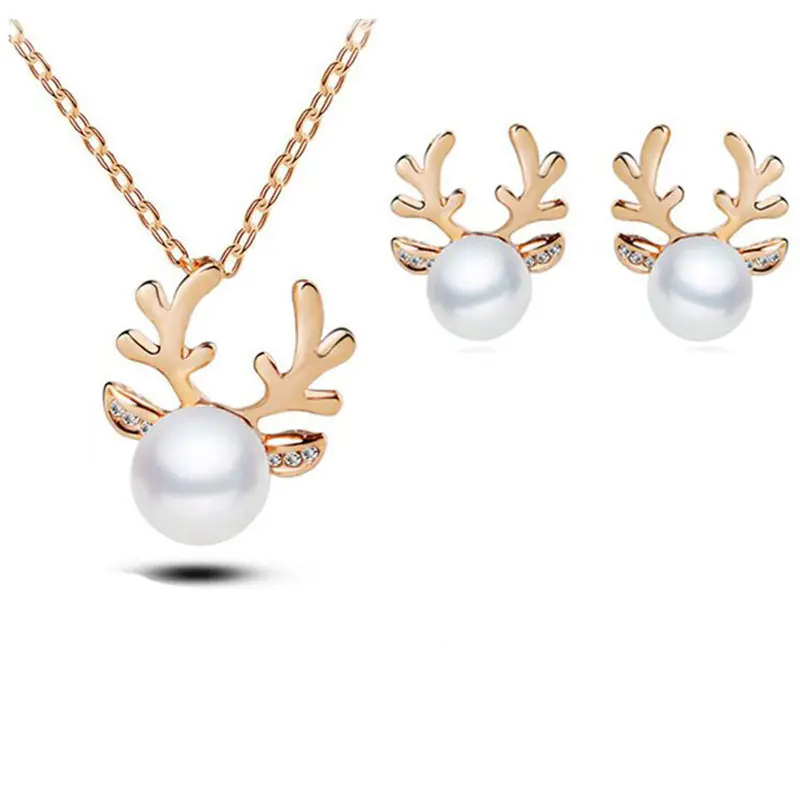 Nouvelle Collection Set de Boucles d'Oreilles et Collier de Noël cerf avec perles Or ou Argent Cadeau pour femme | Jessemade