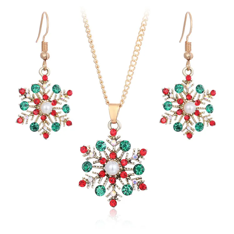 Jusqu’à Épuisement Des Stocks Set de Boucles d'Oreilles et Collier de Noël Flocon de Neige avec Cristaux Rouge et Vert Cadeau pour femme | Jessemade