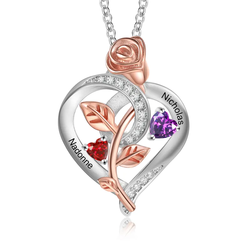 Expédition Rapide Collier Coeur Argent S925 Rose 2 Prénoms Personnalisés avec Pierres de naissance Cadeau pour Femmes Saint Valentin|Jessemade
