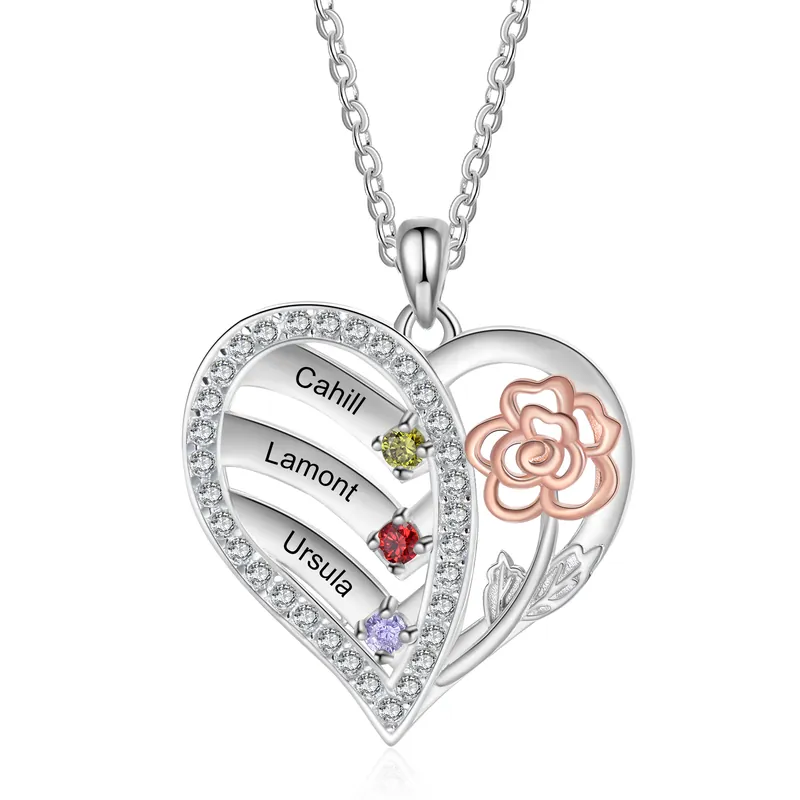 Collier Coeur Rose 3 Prénoms Personnalisés avec Pierres de naissance en Argent S925 pour Femmes|Jessemade Fait Main
