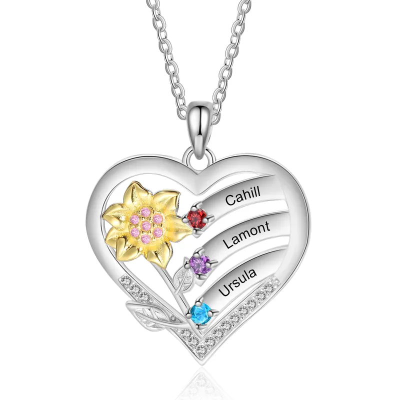 Collier Coeur Fleur 3 Prénoms Personnalisés avec Pierres de naissance Collier Argent S925 pour Femmes|Jessemade Livraison Gratuite