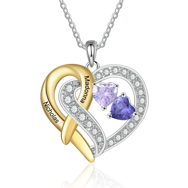 Collier Coeur Argent S925 2 Prénoms Personnalisés avec Pierres de naissance pour Femmes Argent et Or Saint valentin|Jessemade Offre Limitée