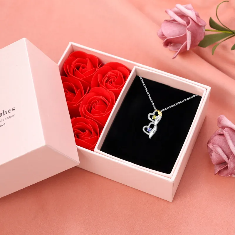 Collier cœur et aile 2 Prénoms Personnalisés avec pierre de naissance Collier Personnalisé Femme | Jessemade Tendance