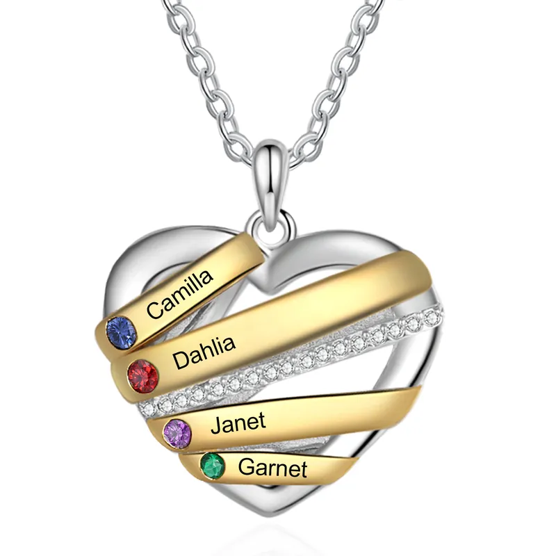 Édition Limitée Collier Cœur 4 Prénoms Personnalisés avec 4 pierres de naissance Collier Personnalisé Femme Cadeau pour femme | Jessemade