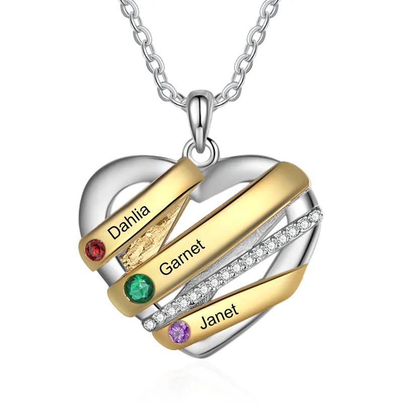 Offre Exclusive Collier Cœur 3 Prénoms Personnalisés avec 3 pierres de naissance Collier Personnalisé Femme Cadeau pour femme | Jessemade