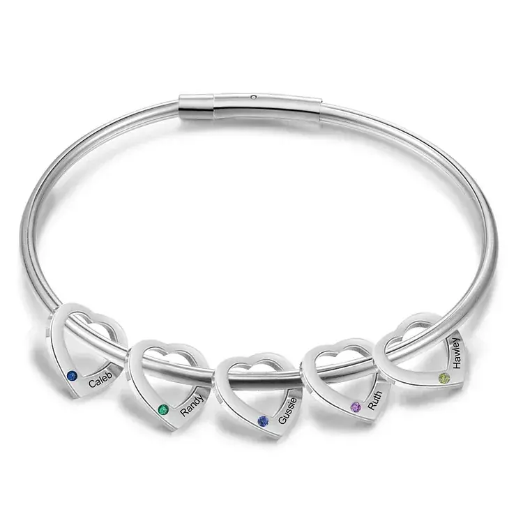 Gros Lot Bracelet Jonc Bracelet Coeur 5 Prénoms Personnalisés avec 5 Pierres de Naissance Argent Or | Jessemade
