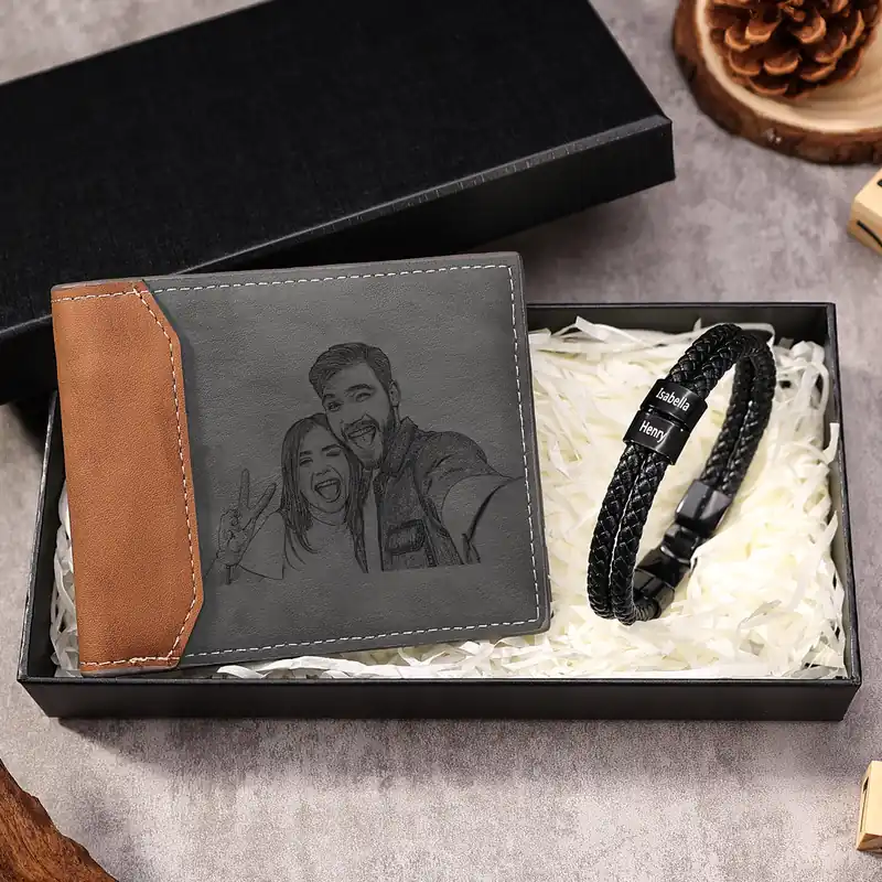 Authentique Coffret Cadeau 2PCS Portefeuille classique Bracelet Noir 2 Prénoms Personnalisé avec Photo Coffret Cadeau pour Homme | Jessemade