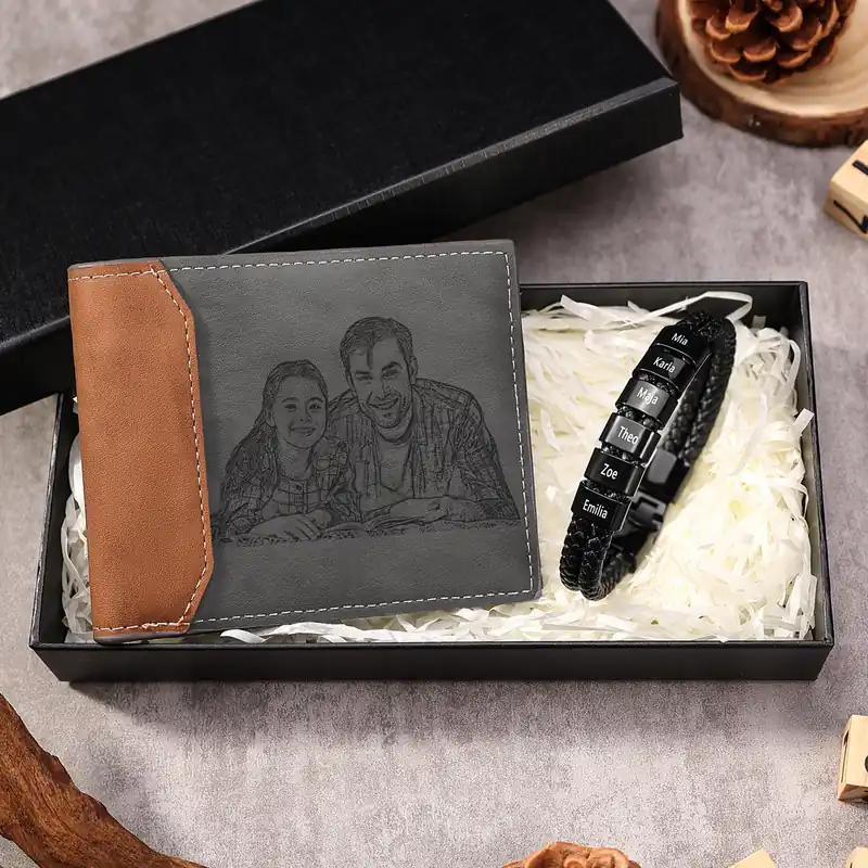 Promotion Saisonnière Coffret Cadeau 2PCS Portefeuille classique Bracelet Noir 6 Prénoms Personnalisé avec Photo Coffret Cadeau pour Homme | Jessemade