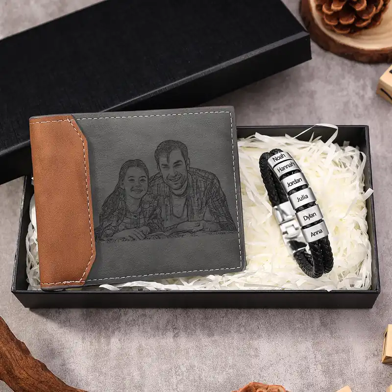 Coffret Cadeau 2PCS Portefeuille classique Bracelet 6 Prénoms Personnalisé avec Photo Coffret Cadeau pour Homme | Jessemade Nouvelle Collection