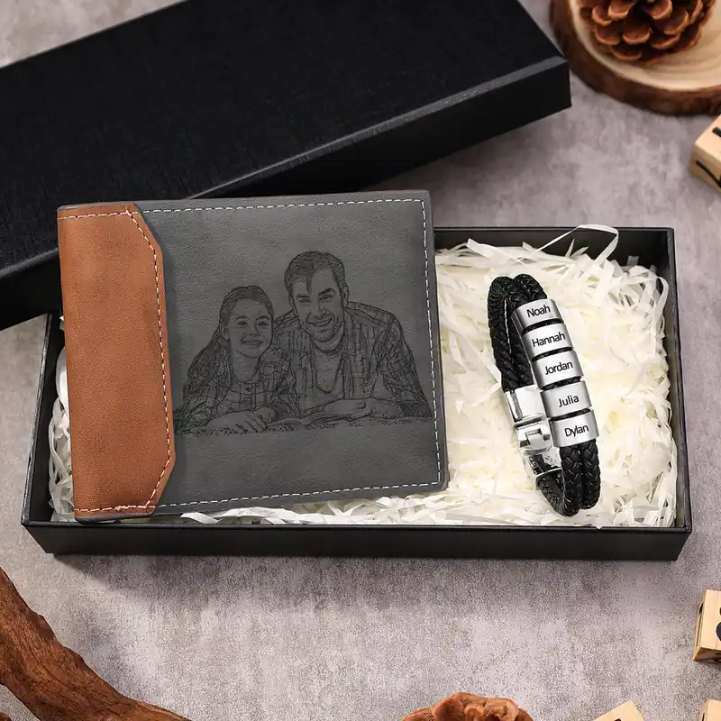 Nouveauté Coffret Cadeau 2PCS Portefeuille classique Bracelet 5 Prénoms Personnalisé avec Photo Coffret Cadeau pour Homme | Jessemade