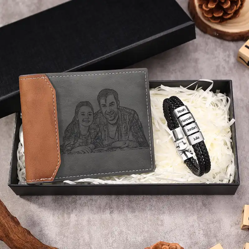 Coffret Cadeau 2PCS Portefeuille classique Bracelet 4 Prénoms Personnalisé avec Photo Coffret Cadeau pour Homme | Jessemade Prix Promo