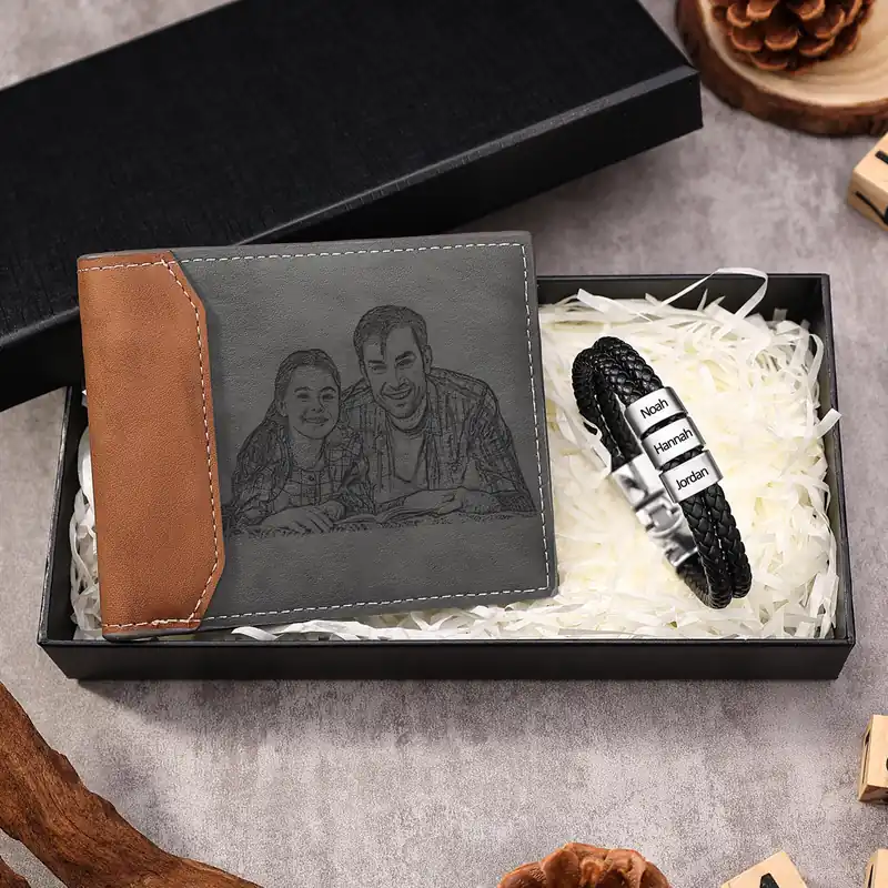 Coffret Cadeau 2PCS Portefeuille classique Bracelet 3 Prénoms Personnalisé avec Photo Coffret Cadeau pour Homme | Jessemade Prix Choc