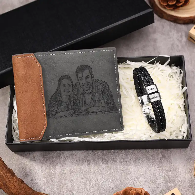 Satisfait Ou Remboursé Coffret Cadeau 2PCS Portefeuille classique Bracelet 2 Prénoms Personnalisé avec Photo Coffret Cadeau pour Homme | Jessemade