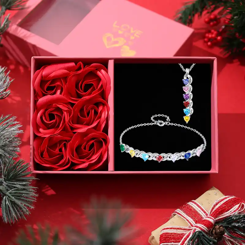 Prix Promo 2PCS Bracelet et Collier 6 Prénoms Personnalisés avec 6 Pierres de naissance Collier Bracelet Personnalisé | Jessemade