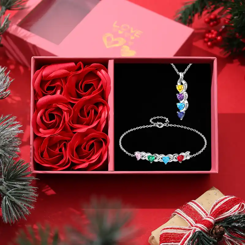 2PCS Bracelet et Collier 4 Prénoms Personnalisés avec 4 Pierres de naissance Collier Bracelet Personnalisé | Jessemade Pas Cher