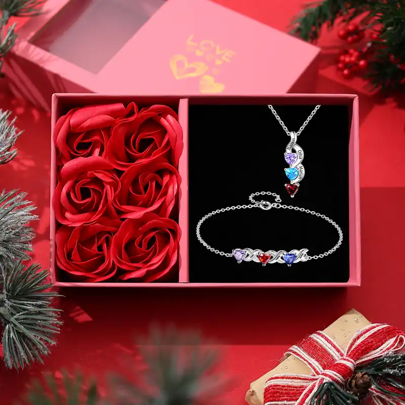 Prix Promo 2PCS Bracelet et Collier 3 Prénoms Personnalisés avec 3 Pierres de naissance Collier Bracelet Personnalisé | Jessemade