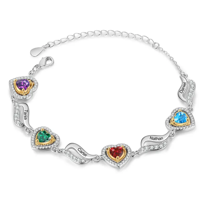 Nouveauté Bracelet femme cœurs 4 Prénoms Personnalisé avec 4 Pierres de Naissance Bracelet Pierre de Naissance | Jessemade