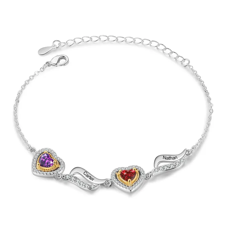 Marque Bracelet femme cœurs 2 Prénoms Personnalisé avec 2 Pierres de Naissance Bracelet Pierre de Naissance | Jessemade