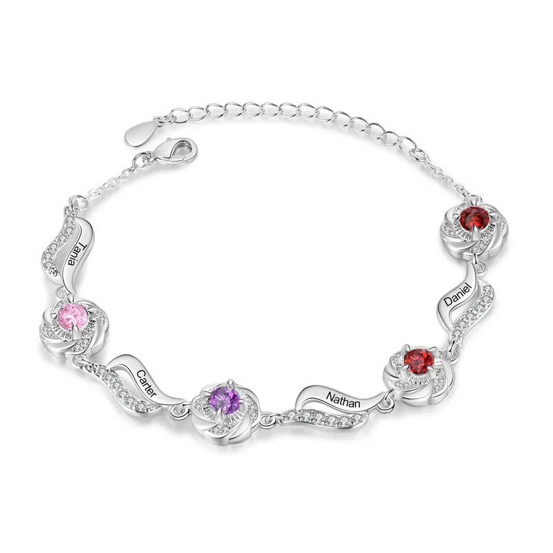 Bracelet femme Roses 4 Prénoms Personnalisés avec 4 Pierre de Naissance Bracelet Pierre de Naissance | Jessemade Authentique