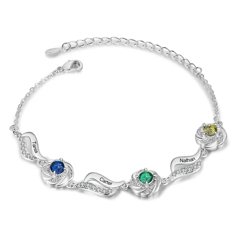 Bracelet femme Roses 3 Prénoms Personnalisés avec 3 Pierre de Naissance Bracelet Pierre de Naissance | Jessemade Commander Vite