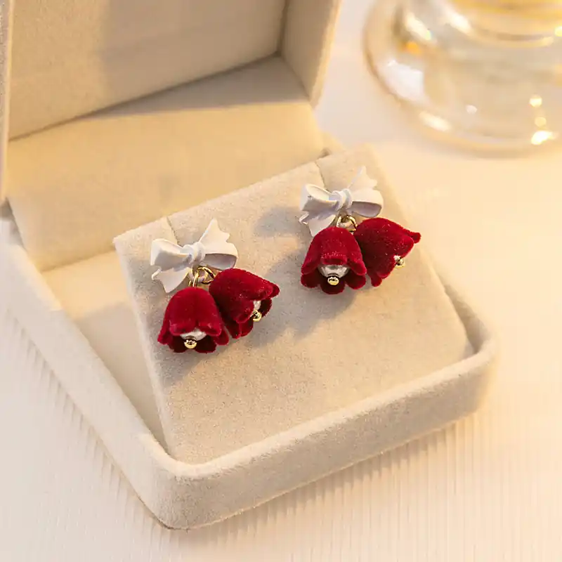 Boucles d'Oreilles de Noël Fleur et Nœud Rouge et Blanc Cadeau pour femme | Jessemade Paiement Sécurisé
