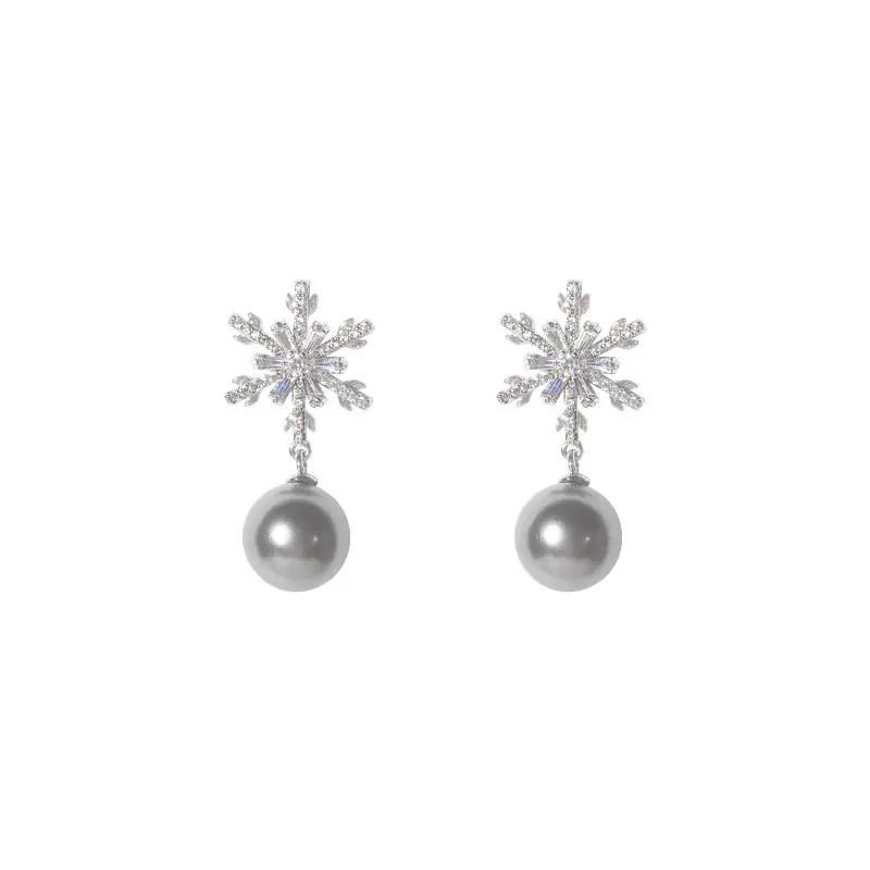 Boucles d'Oreilles de Noël Flocon de Neige avec Perles Grises et Argent Cadeau pour femme | Jessemade Exclusif
