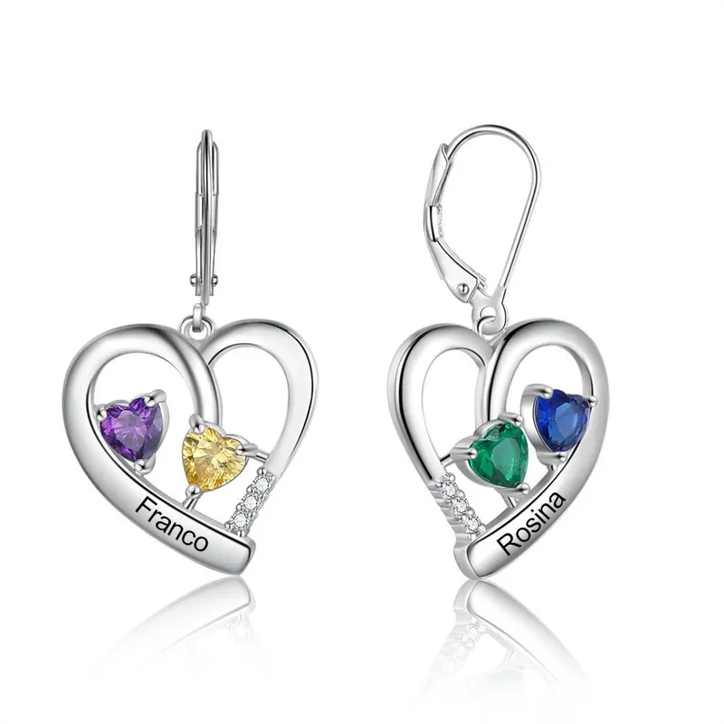 Boucles d'Oreilles Prénom Personnalisé Coeur 2 Pierre de Naissance Retour Gratuit