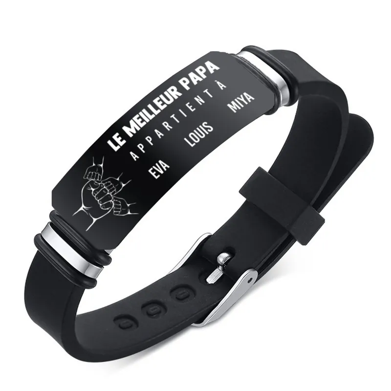 À Papa - Bracelet Poing Personnalisé en Cuir et Acier Inoxydable Personnalisé avec 1-7 Prénoms Bracelet Homme | Cadeau Fête des Pères | Jessemade Édition Limitée