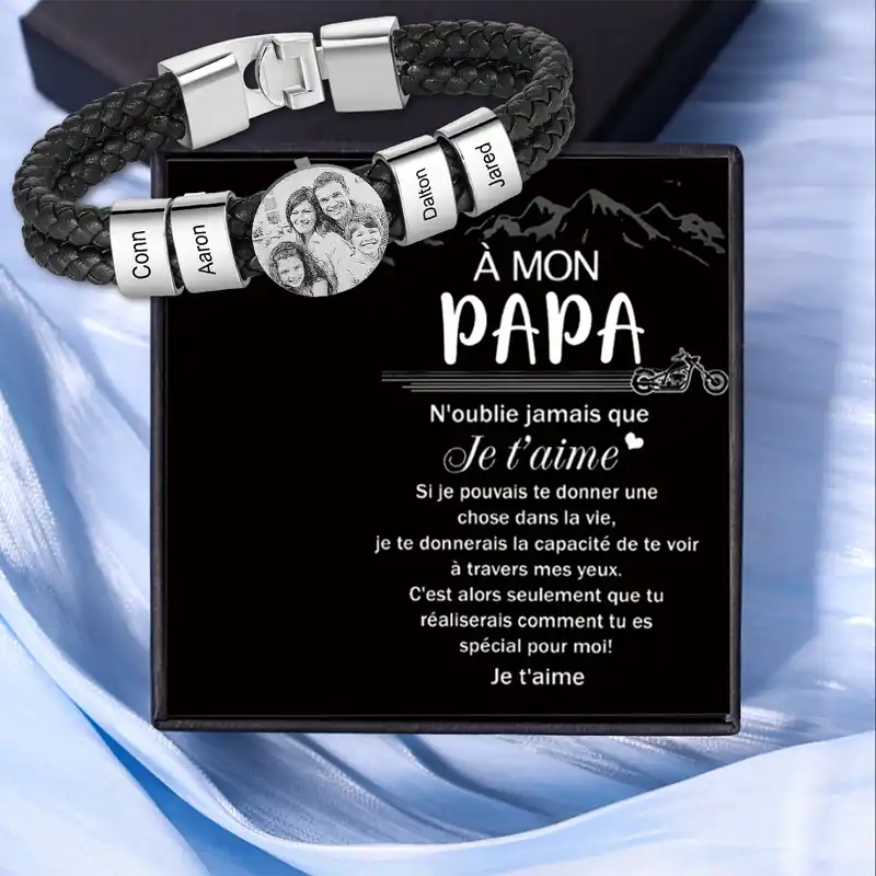 À Mon Papa -Bracelet Photo Personnalisé avec 4 Prénoms Bracelet en Cuir | Cadeau Fête des Pères | Jessemade Soldes