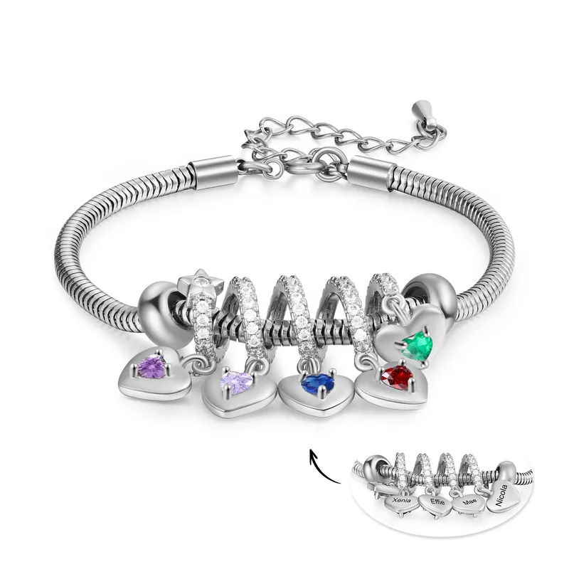 Populaire Bracelet Personnalisé avec 5 Prénoms et Pierres de Naissance Bracelet avec pendentif en forme de coeur Avec Coffret | Jessemade