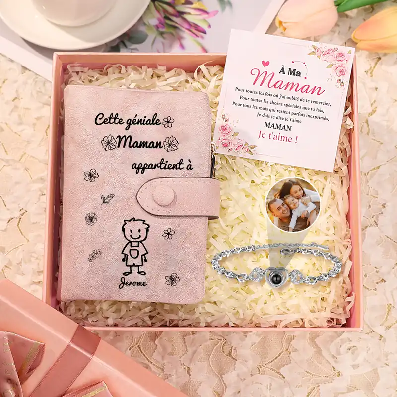 3PCS Coffret Cadeau À Maman - Portefeuille Bracelet Projection et Carte Personnalisés avec Prénom Dessin Enfant et Photo | Jessemade Haute Qualité