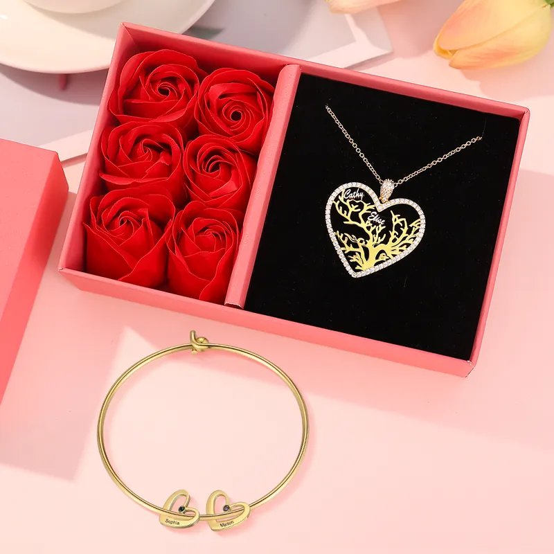 Usine Directe 2PCS Coffret Cadeau À Maman - Collier Pendentif Arbre de vie et Bracelet Pierre Personnalisé avec 2 Prénoms | Jessemade