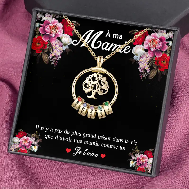 À Ma Mamie-Collier Pendentif Arbre de vie Arbre Généalogique Personnalisé 5 Cercles Avec 5 Pierres De Naissance | Jessemade Super Prix