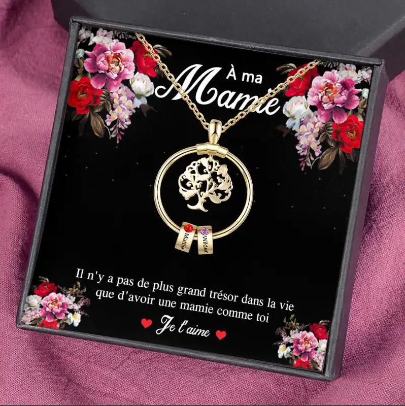 À Ma Mamie-Collier Personnalisé Femme Arbre de vie Arbre Généalogique 2 Cercles Avec 2 Pierres De Naissance|Jessemade Paiement Sécurisé