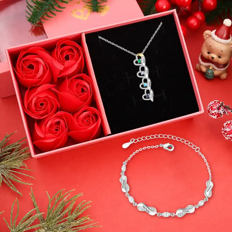 2PCS Coffret Cadeau Collier coeur et Bracelet 4 Prénoms Personnalisés avec 4 Pierres de Naissance Collier Bracelet Personnalisé pour Femme | Jessemade En Vogue