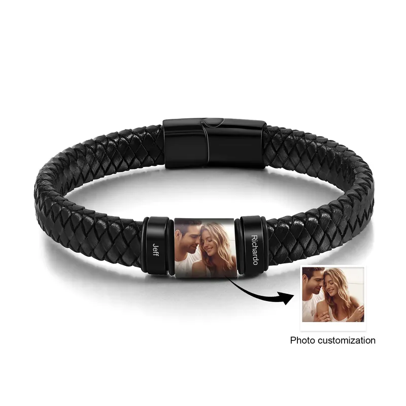 À Mon Homme-Bracelet Cuir Bracelet Photo Personnalisé avec 2 Prénoms pour Homme|Jessemade Expédition Rapide