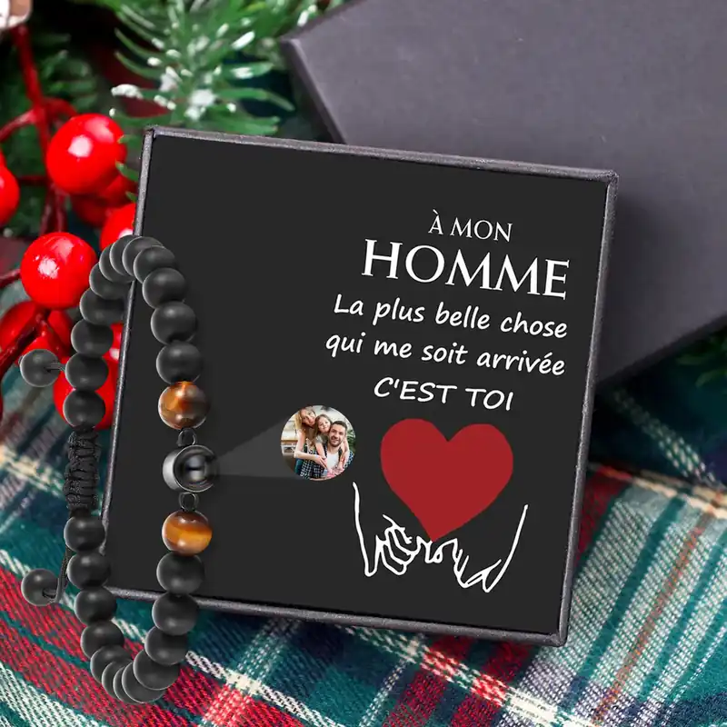 Prix Réduit À Mon Homme - Bracelet Photo Projection Bracelet Obsidienne Photo Personnalisée pour La Saint-Valentin｜Jessemade