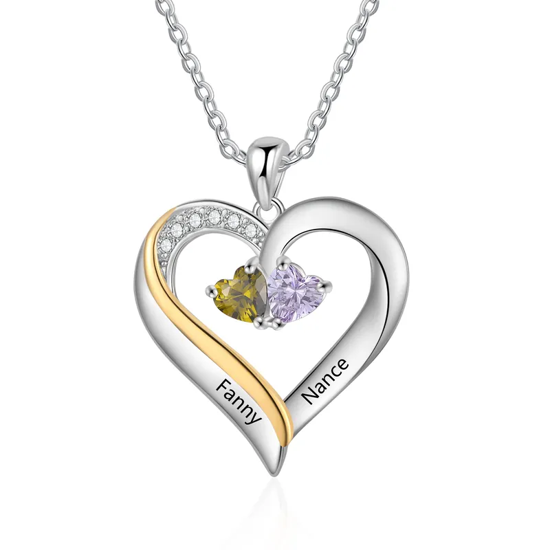 Produit De Marque Collier cœur personnalisé en argent sterling 925 avec 2 prénoms et 2 pierres de naissance, cadeau de Saint-Valentin, de Fête des Mères et d'anniversaire pour épouse, maman, petite amie | Jessemade