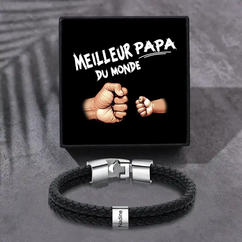 Promotion Saisonnière Bracelet Papa personnalisé en cuir – 1 à 6 prénoms gravés, acier inoxydable, cadeau Fête des Pères | Jessemade