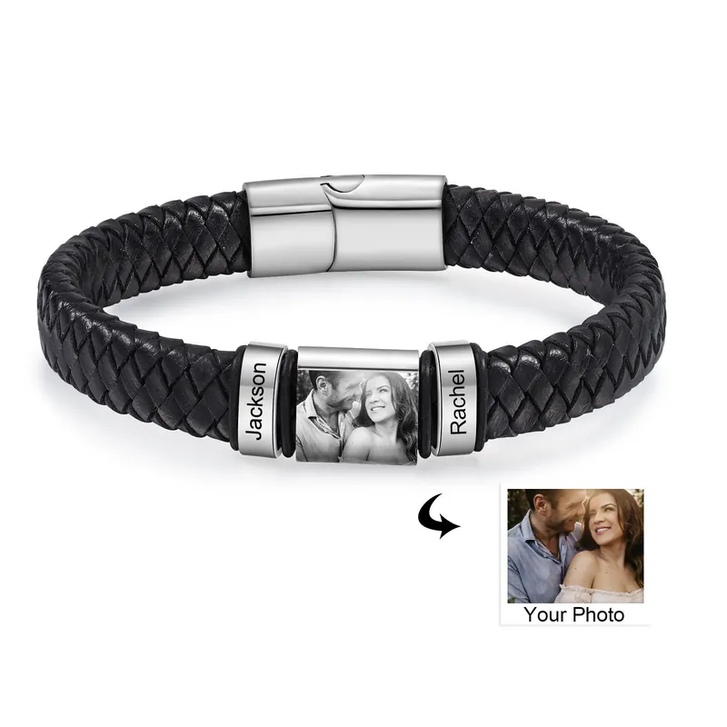 À mon Papa - Bracelet Personnalisé avec 2-5 Prénoms et 1 Photo Bracelet Homme Personnalisé en Cuir | Cadeau Fête des Pères|Jessemade Certifié