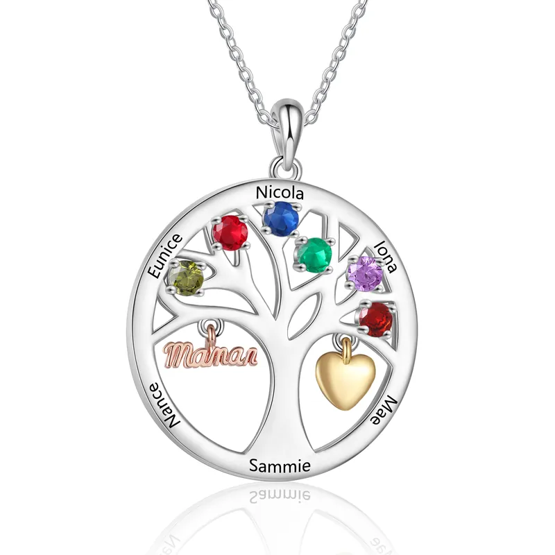 À Maman - Collier Arbre de Vie Personnalisé avec 6 Prénoms et 6 Pierres de Naissance – Cadeau pour dire merci à Maman| Jessemade Livraison Mondiale